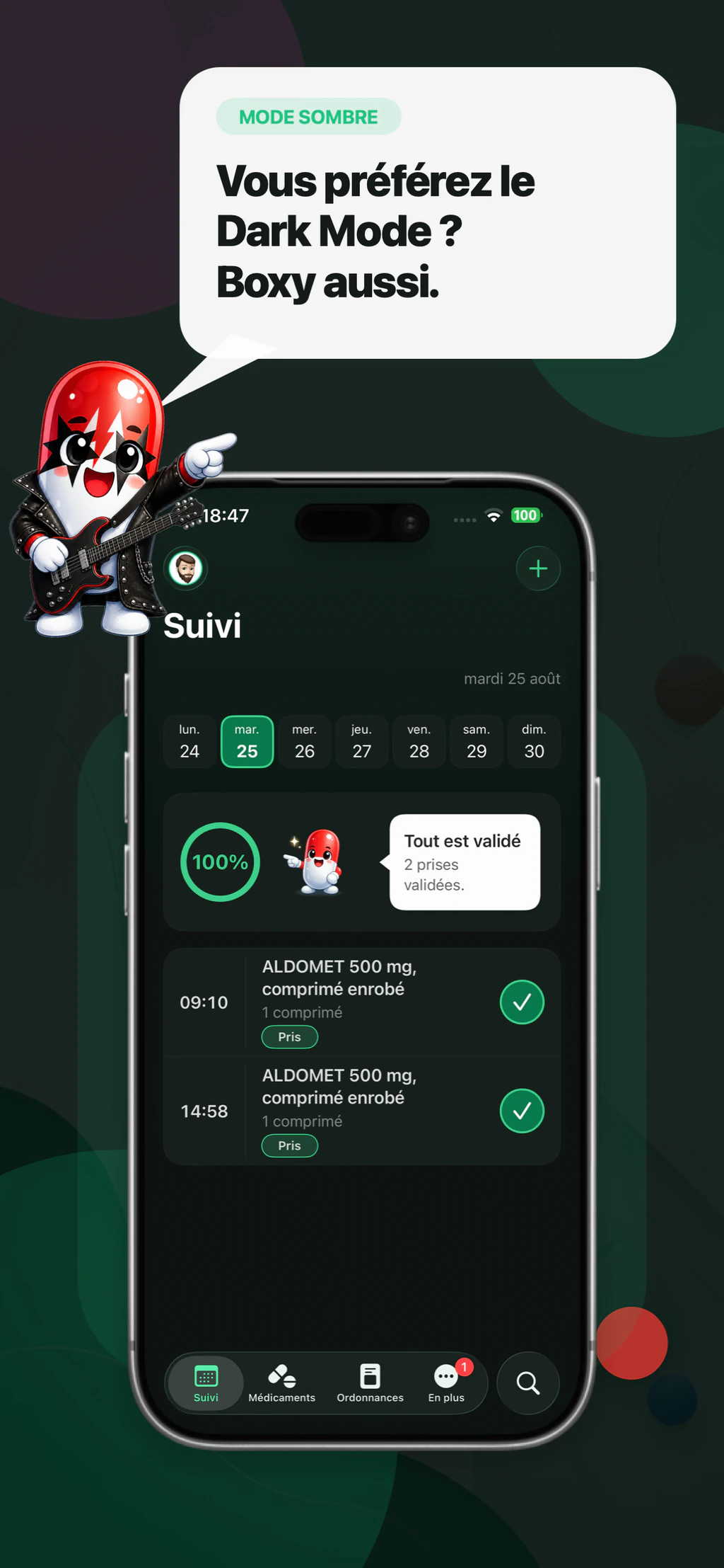 Écran de suivi quotidien MyMediBox en mode sombre