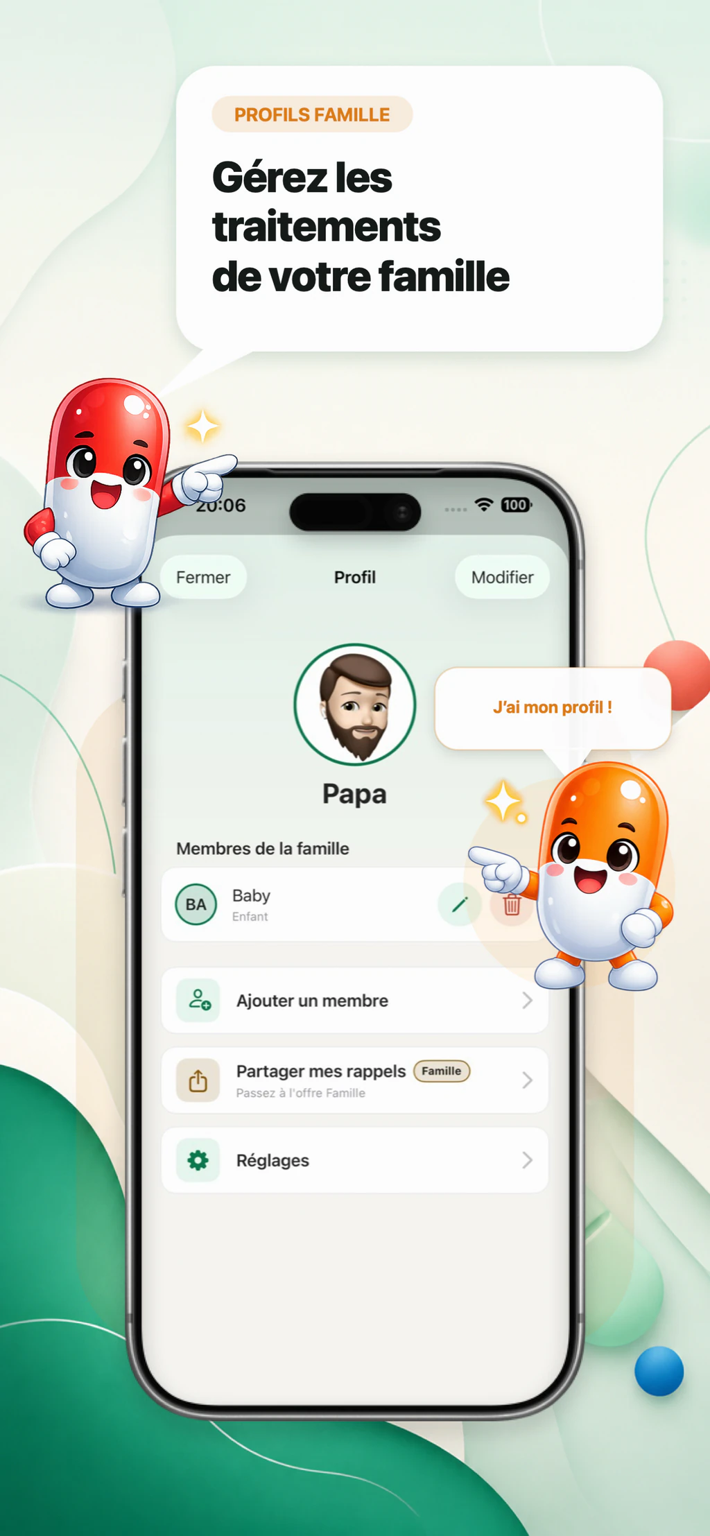 Écran de gestion des profils famille MyMediBox