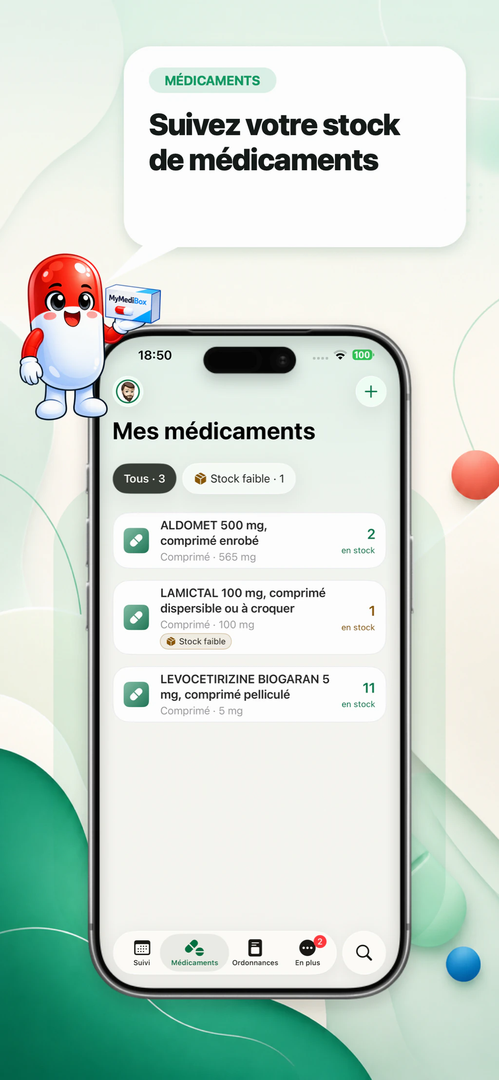 Liste des médicaments MyMediBox avec les niveaux de stock