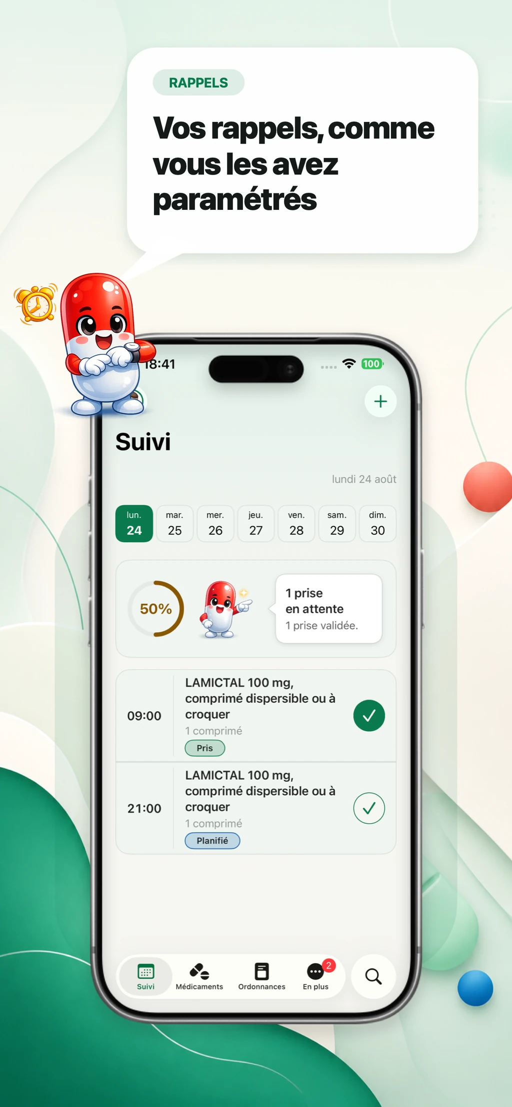 Écran de suivi quotidien MyMediBox avec des rappels de médicaments