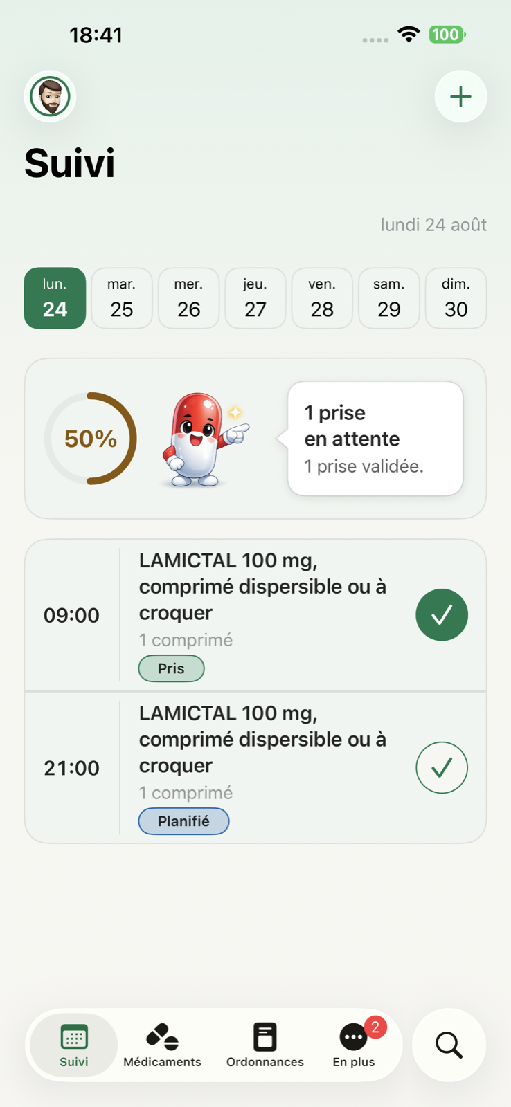 Écran de suivi MyMediBox en français avec une prise de médicament validée