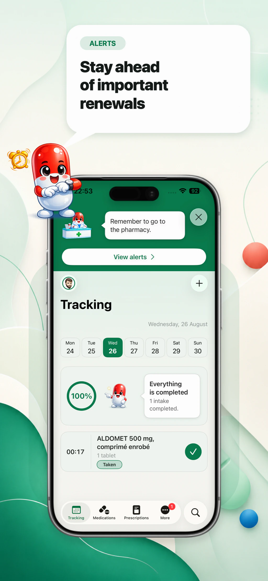 MyMediBox alert screen for an important medication refill
