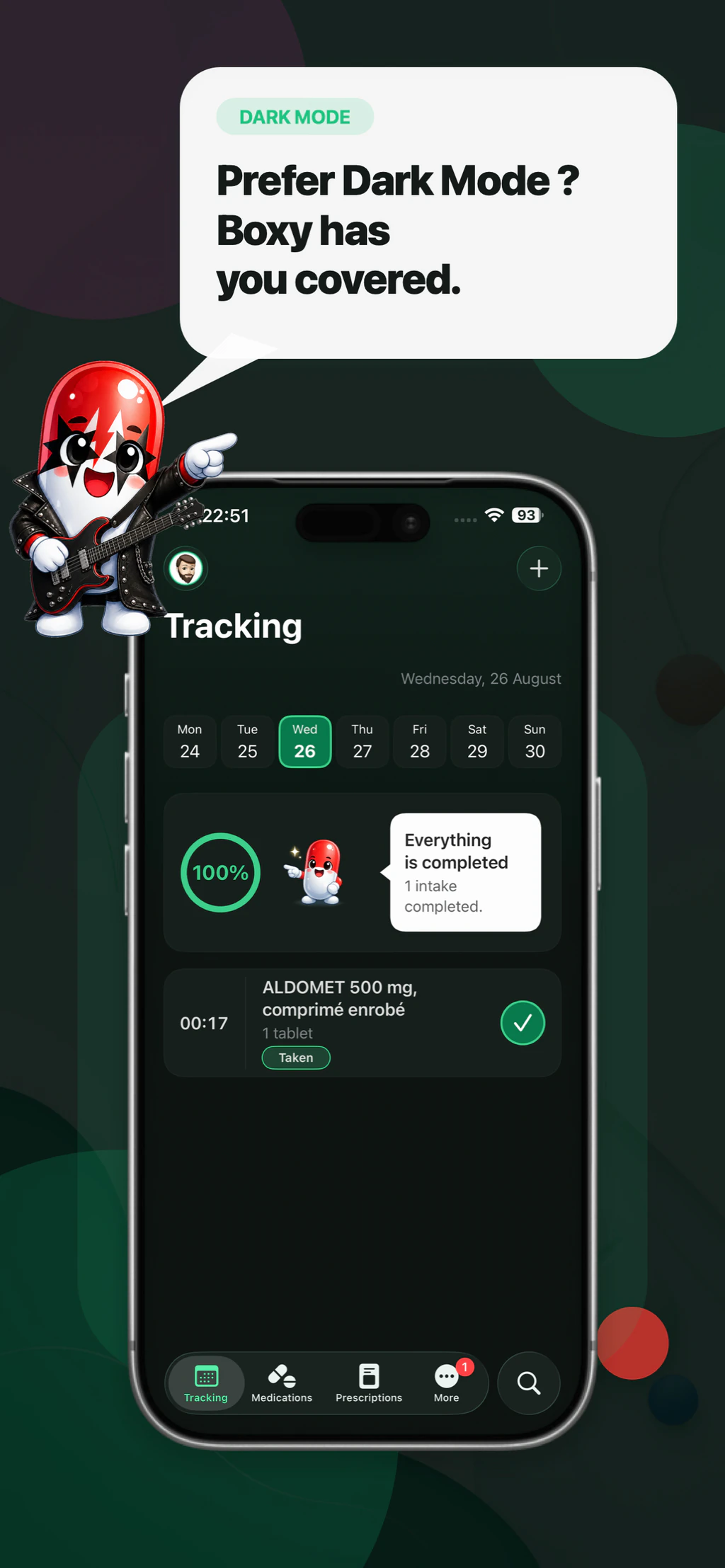 MyMediBox daily tracking screen in dark mode
