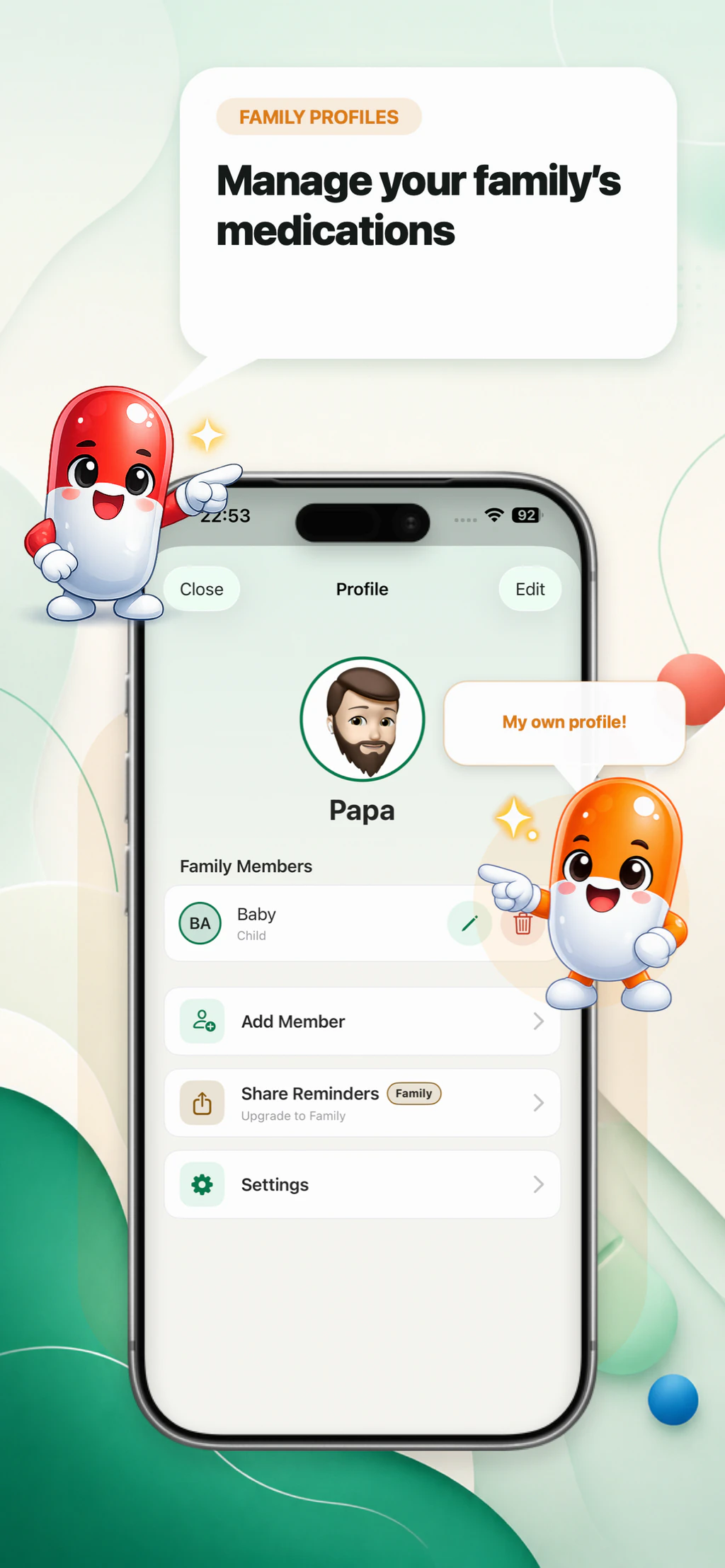 MyMediBox family profile management screen