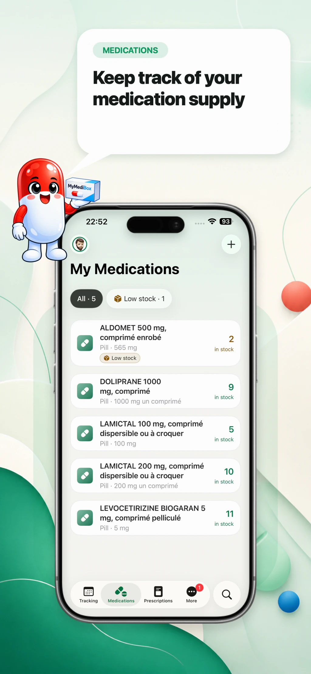 MyMediBox medication list with stock levels