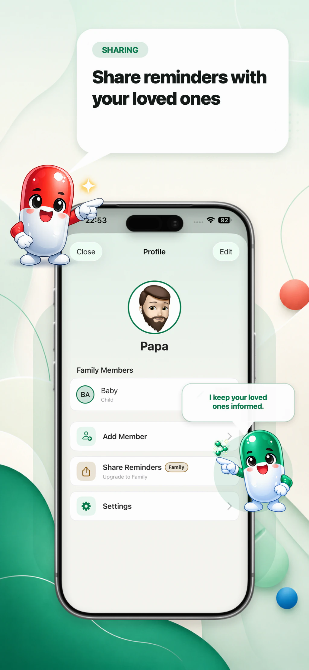 MyMediBox profile screen for sharing reminders with loved ones