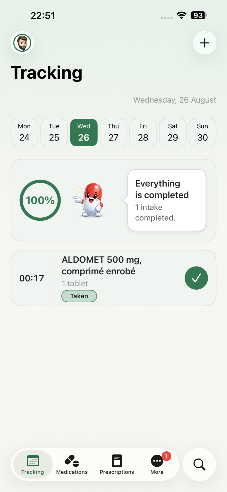 MyMediBox tracking screen in English showing a completed medication intake